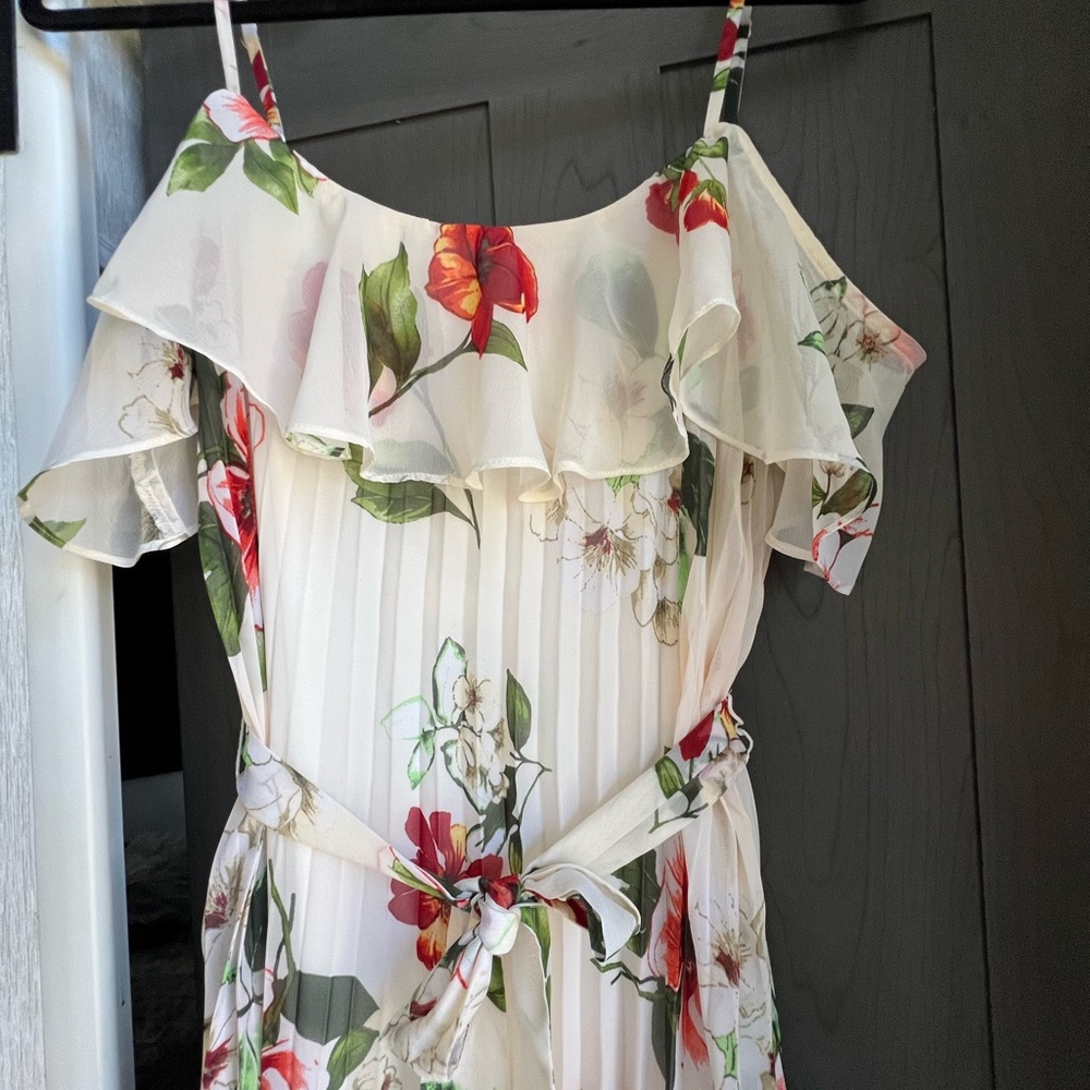 Bisu bisu women’s size 6 floral maxi pleated dress with flutter sleeves